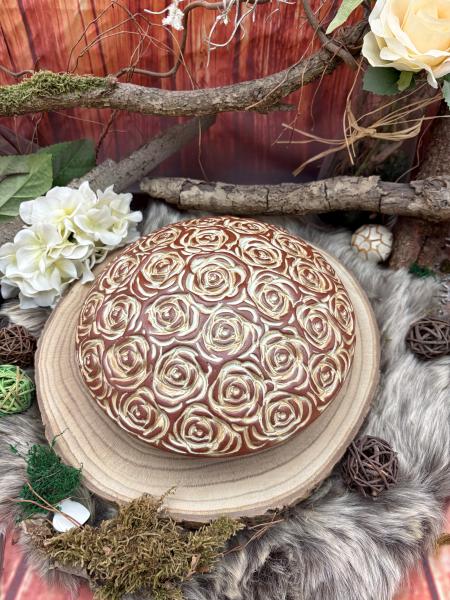 Tierurne Außenbereich - Diskusform, Terrakotta mit Rosenblüten, Volumen: ca. 1,50 Ltr. - Auslaufmodell